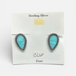 Vintage Zuni Sterling Silver Turquoise Inlay Clip-On Earrings - Native American
